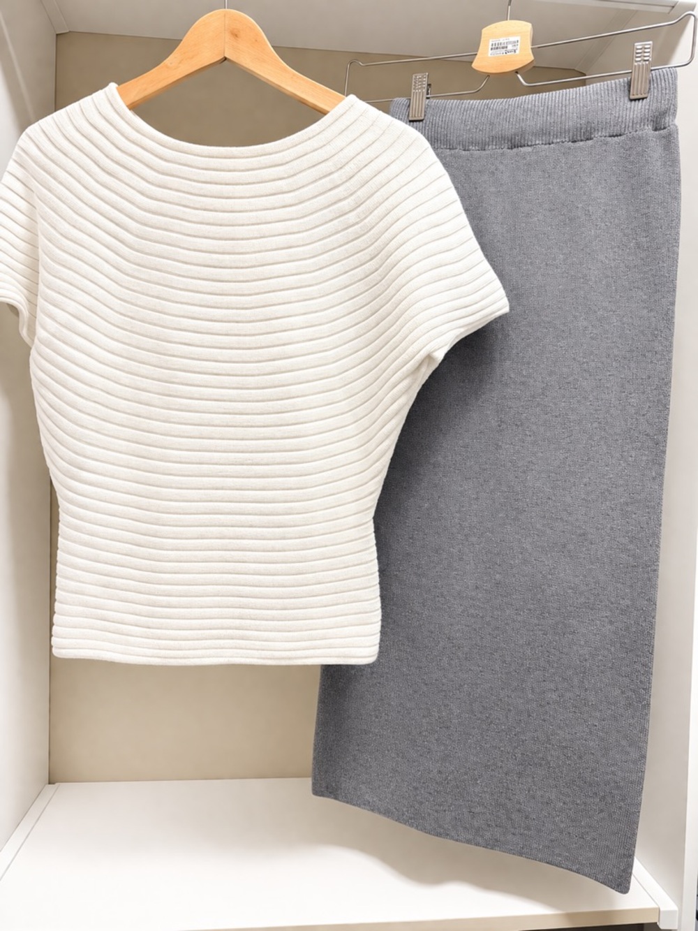 Textured Cream Knit Top & Gray Knit Skirt Set